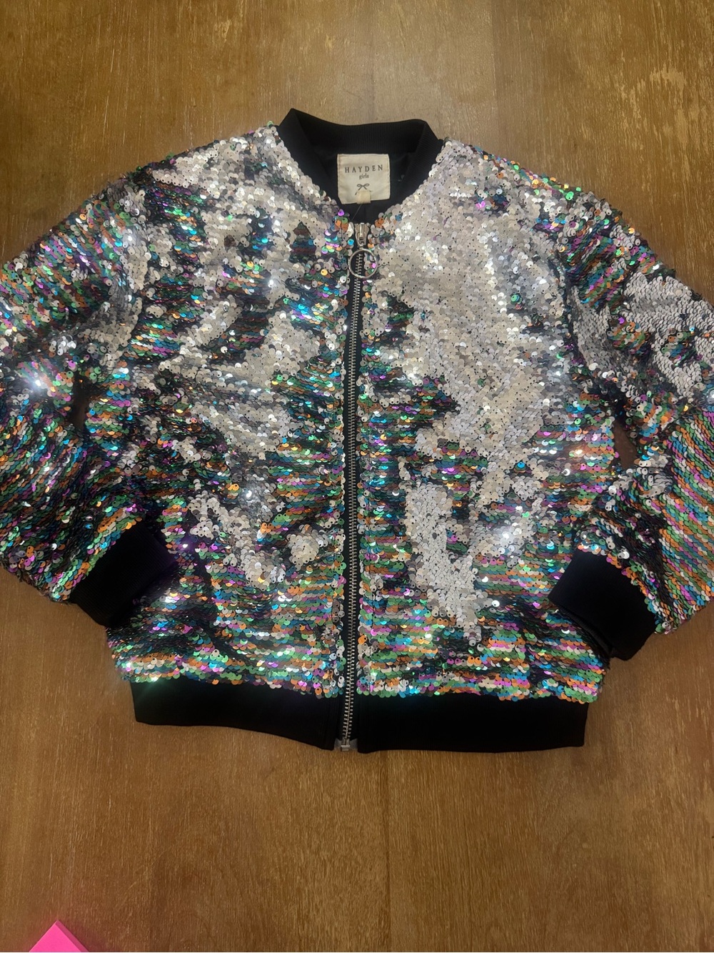 Hayden Silver & Rainbow Sequin Bomber Jacket